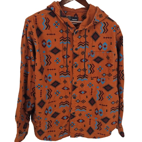 Original Use Mens XL Hooded Flannel Shirt Aztec Geometric Jacket Streetwear - Picture 1 of 6